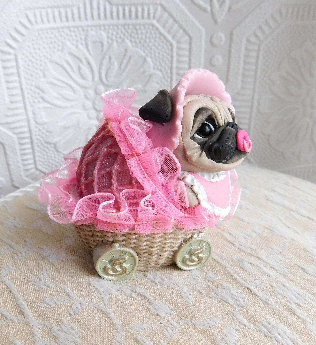 Little Girl Baby Pug with pacifier in Pink Buggy Hand sculpted Clay  Collectible