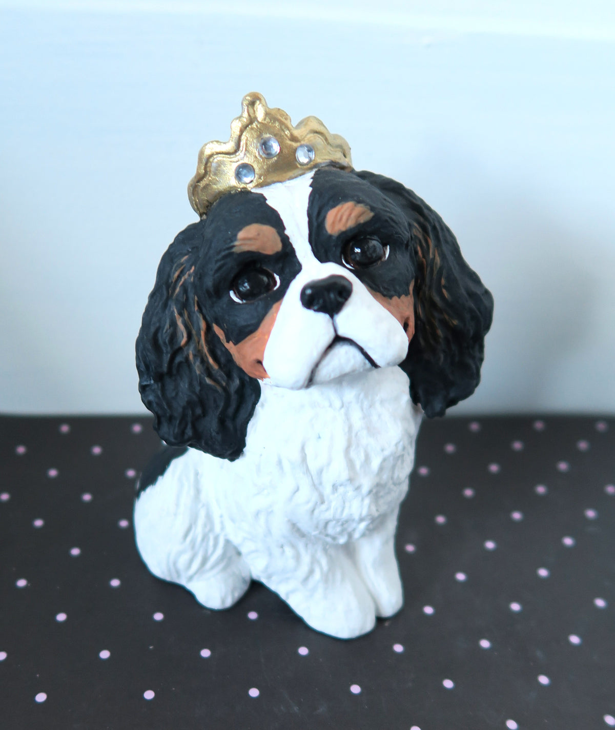 Tri Cavalier King Charles Spaniel with Crown Handmade Resin Collectible Figurine