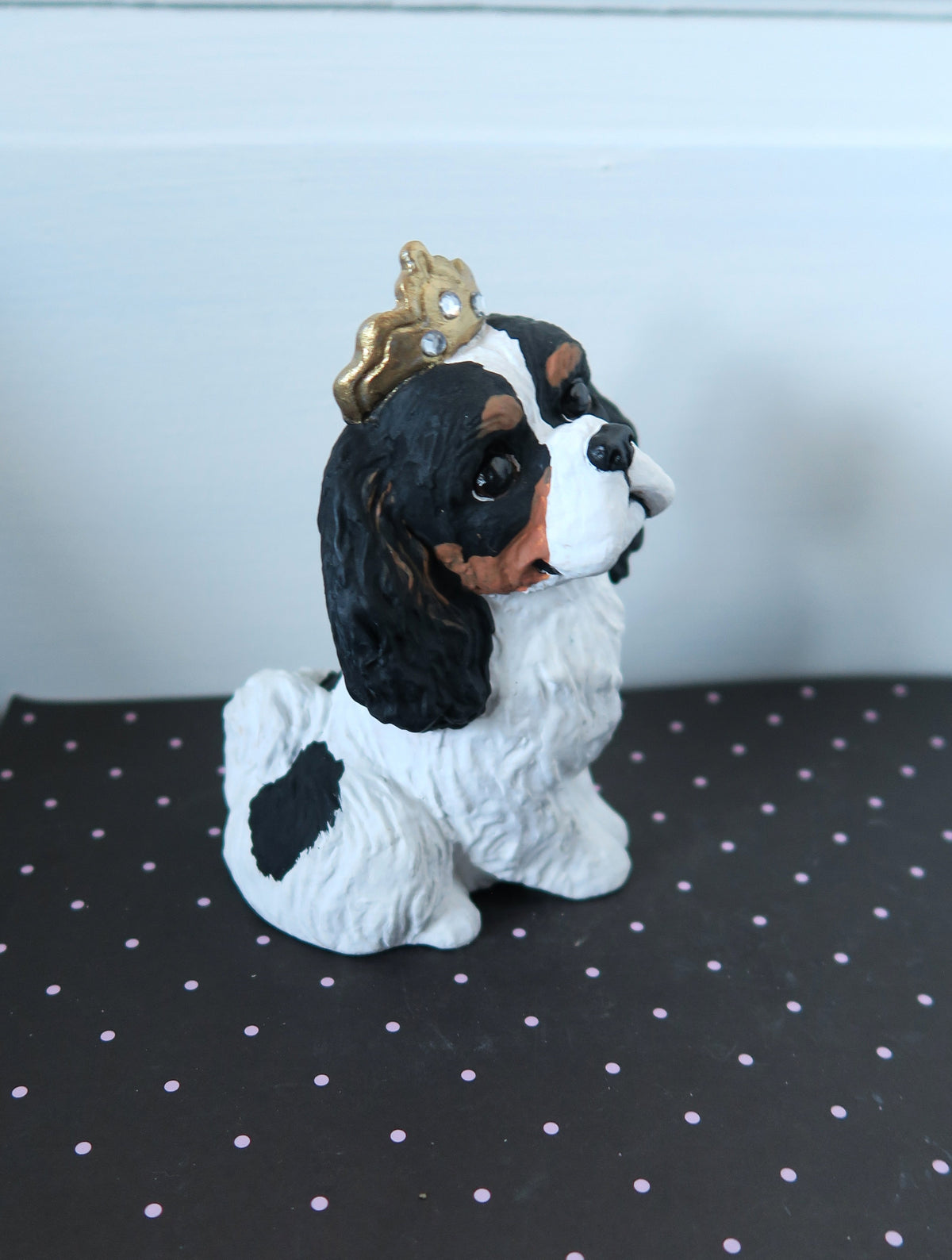 Tri Cavalier King Charles Spaniel with Crown Handmade Resin Collectible Figurine