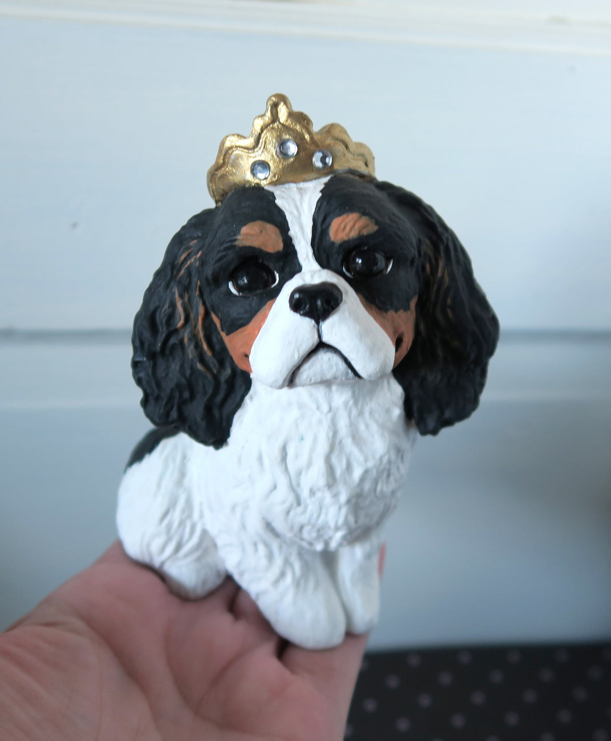 Tri Cavalier King Charles Spaniel with Crown Handmade Resin Collectible Figurine