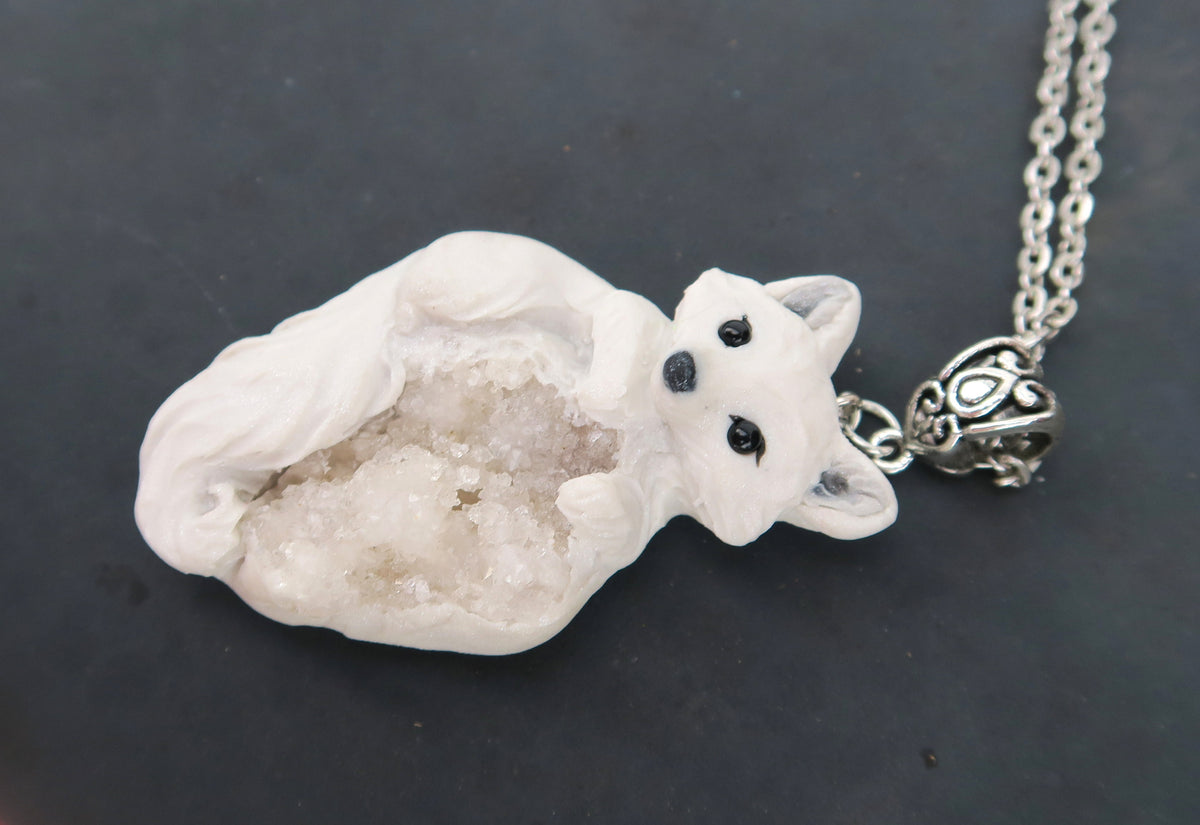 Arctic Fox & White Agate Druzy Pendant Necklace Hand Sculpted Clay & Crystal Furever Clay Jewelry