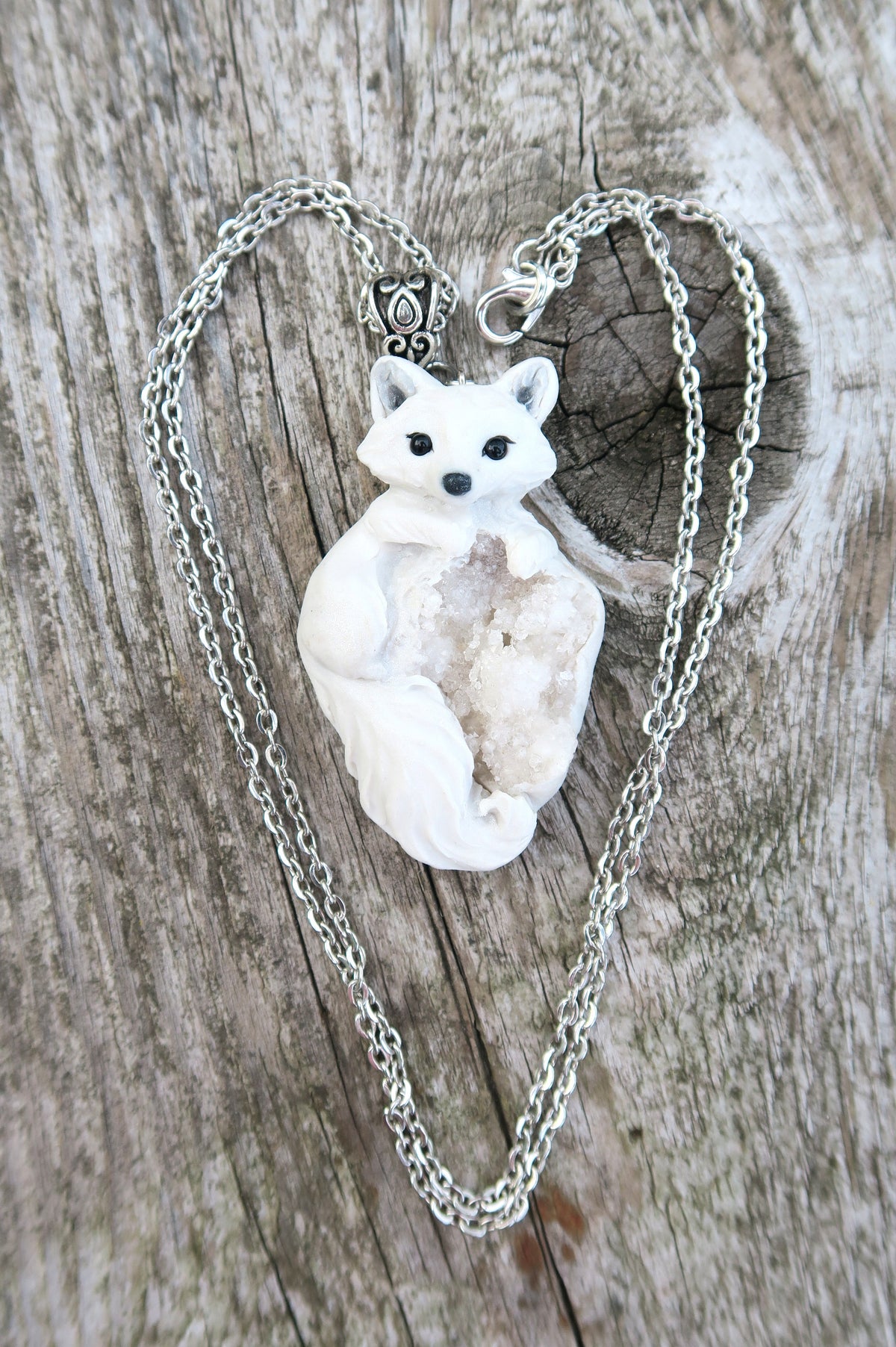 Arctic Fox & White Agate Druzy Pendant Necklace Hand Sculpted Clay & Crystal Furever Clay Jewelry