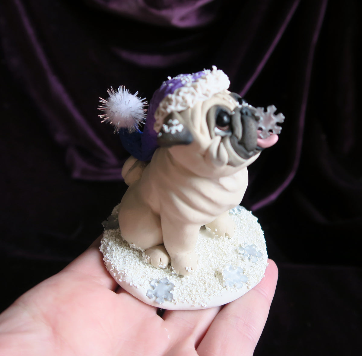 Catching Snowflakes Winter Pug Hand Sculpted Collectible