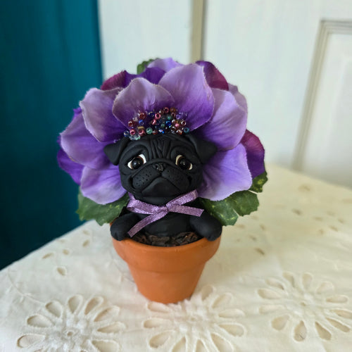 Purple Flower Pot Pug Hand Sculpted Collectible