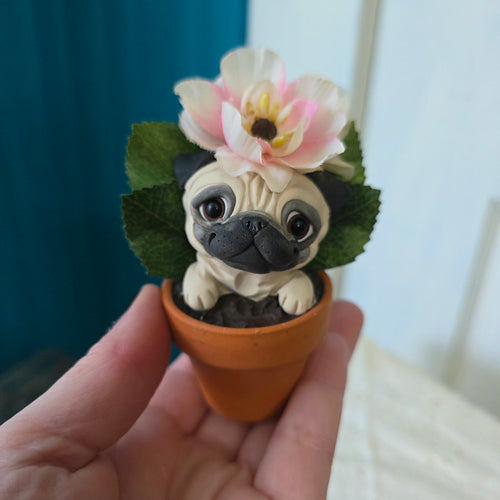 Pink Flower Pot Pug Hand Sculpted Collectible