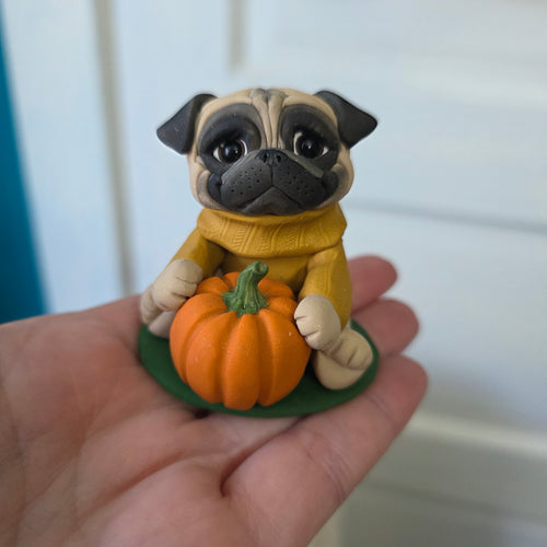 Autumn Pug with Pumpkin Hand Sculpted Collectible