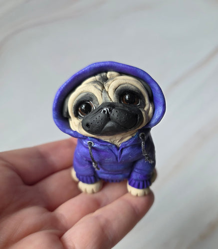 Swirly Purple Sweatshirt Pug Hand Sculpted Collectible