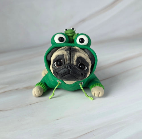 Froggy Pug with lil' Frog Friend Hand Sculpted Collectible