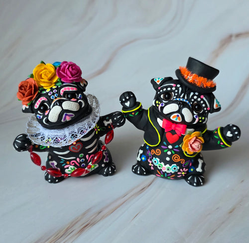 Dia de Muertos/Day of the dead Pug Couple Hand Sculpted Clay Collectibles