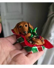 Load image into Gallery viewer, Dachshund Christmas Present Hand sculpted Clay Collectible