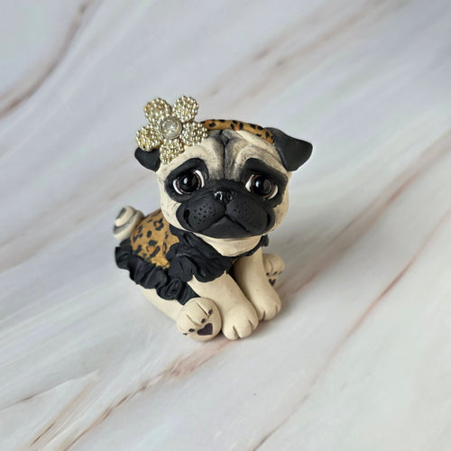 Sassy Leopard Print Dressed Pug Hand Sculpted Collectible