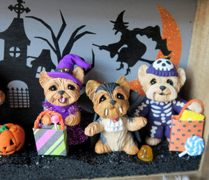 Trick or Treating Yorkies Halloween Scene Decor Hand Sculpted Clay Collectible