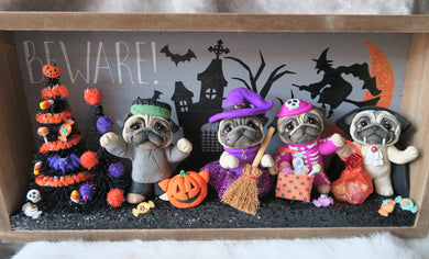 Trick or Treating Pugs Halloween Scene Decor Hand Sculpted Clay Collectible