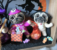 Load image into Gallery viewer, Trick or Treating Pugs Halloween Scene Decor Hand Sculpted Clay Collectible