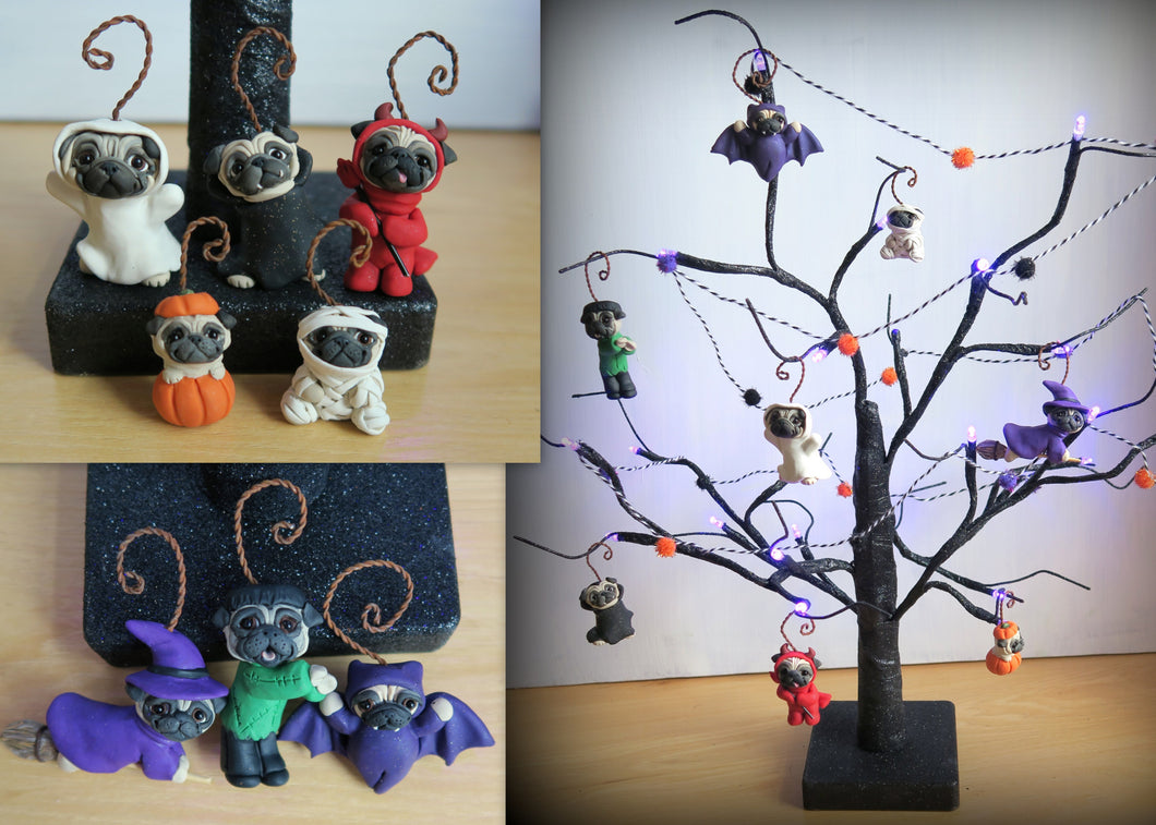 Fawn PUG Halloween Tabletop Lighted Tree with Hand Sculpted Collectible Ornaments and Handmade Garland