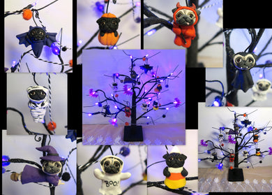 PUGS Halloween Tabletop Lighted Tree with Hand Sculpted Collectible Ornaments and Garland