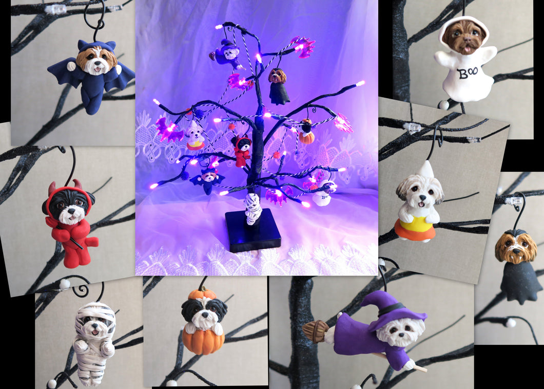 Havanese Halloween Tabletop Lighted Tree with Hand Sculpted Collectible Ornaments and Garland