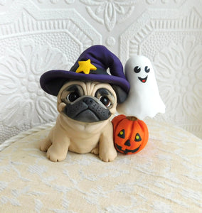 Halloween Pug Witch, Pumpkin & ghost Hand Sculpted Clay Collectible