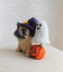 Halloween Pug Witch, Pumpkin & ghost Hand Sculpted Clay Collectible