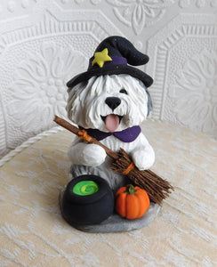 Old English Sheepdog Witch Halloween Hand Sculpted Clay Collectible