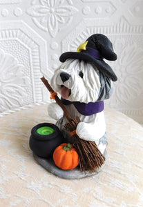 Old English Sheepdog Witch Halloween Hand Sculpted Clay Collectible