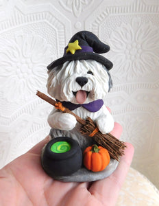 Old English Sheepdog Witch Halloween Hand Sculpted Clay Collectible