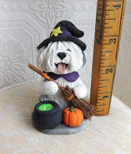 Old English Sheepdog Witch Halloween Hand Sculpted Clay Collectible