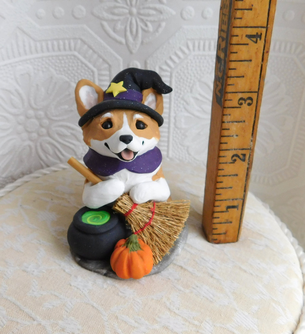 Corgi Witch Halloween Hand Sculpted Clay Collectible