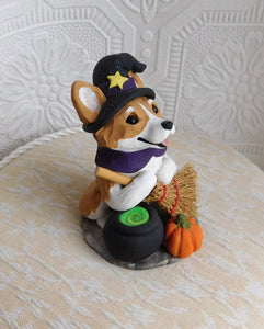 Corgi Witch Halloween Hand Sculpted Clay Collectible