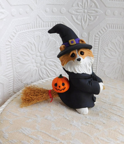 Shetland Sheepdog Witch Halloween costume Hand Sculpted Clay Collectible