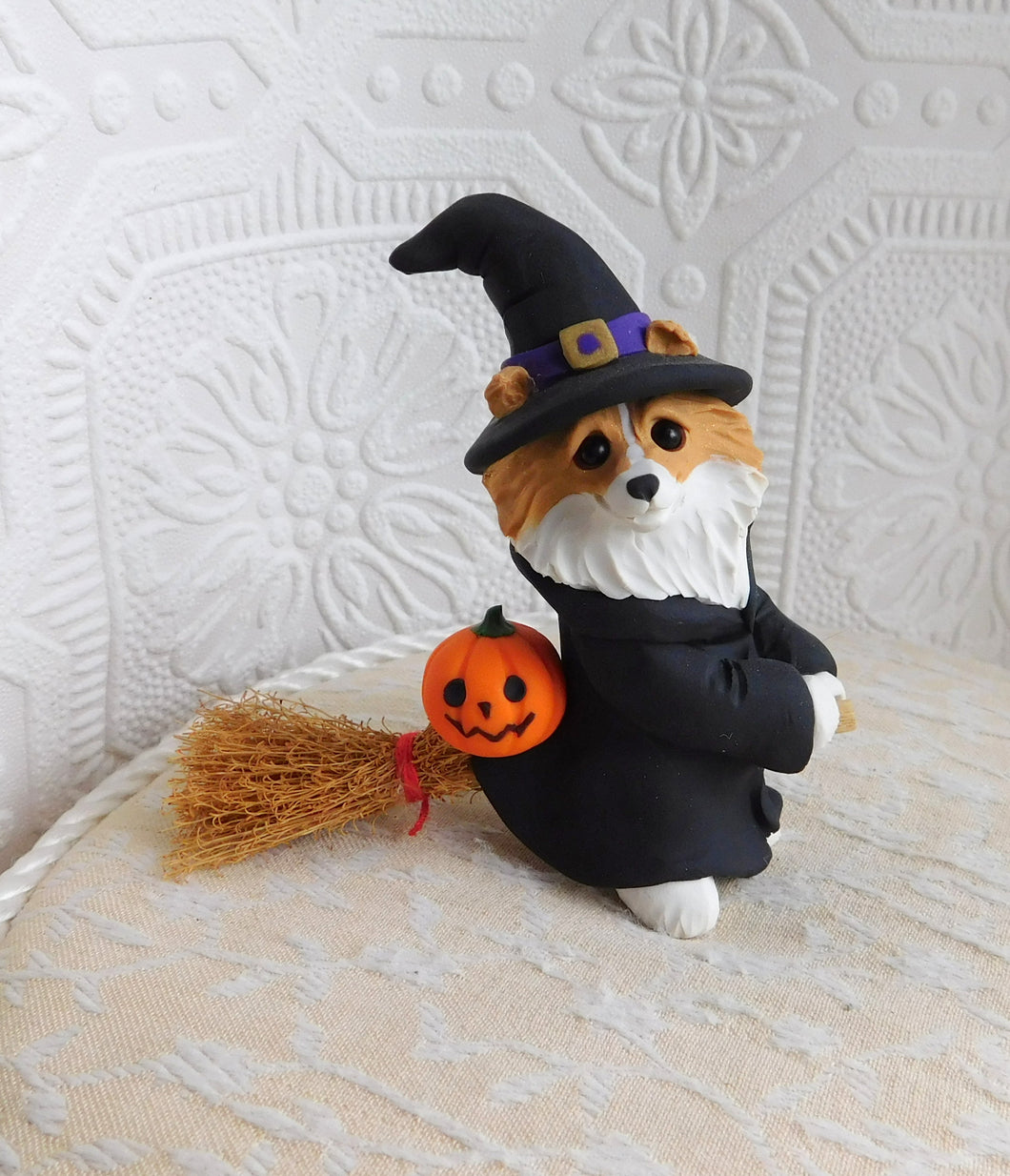 Shetland Sheepdog Witch Halloween costume Hand Sculpted Clay Collectible