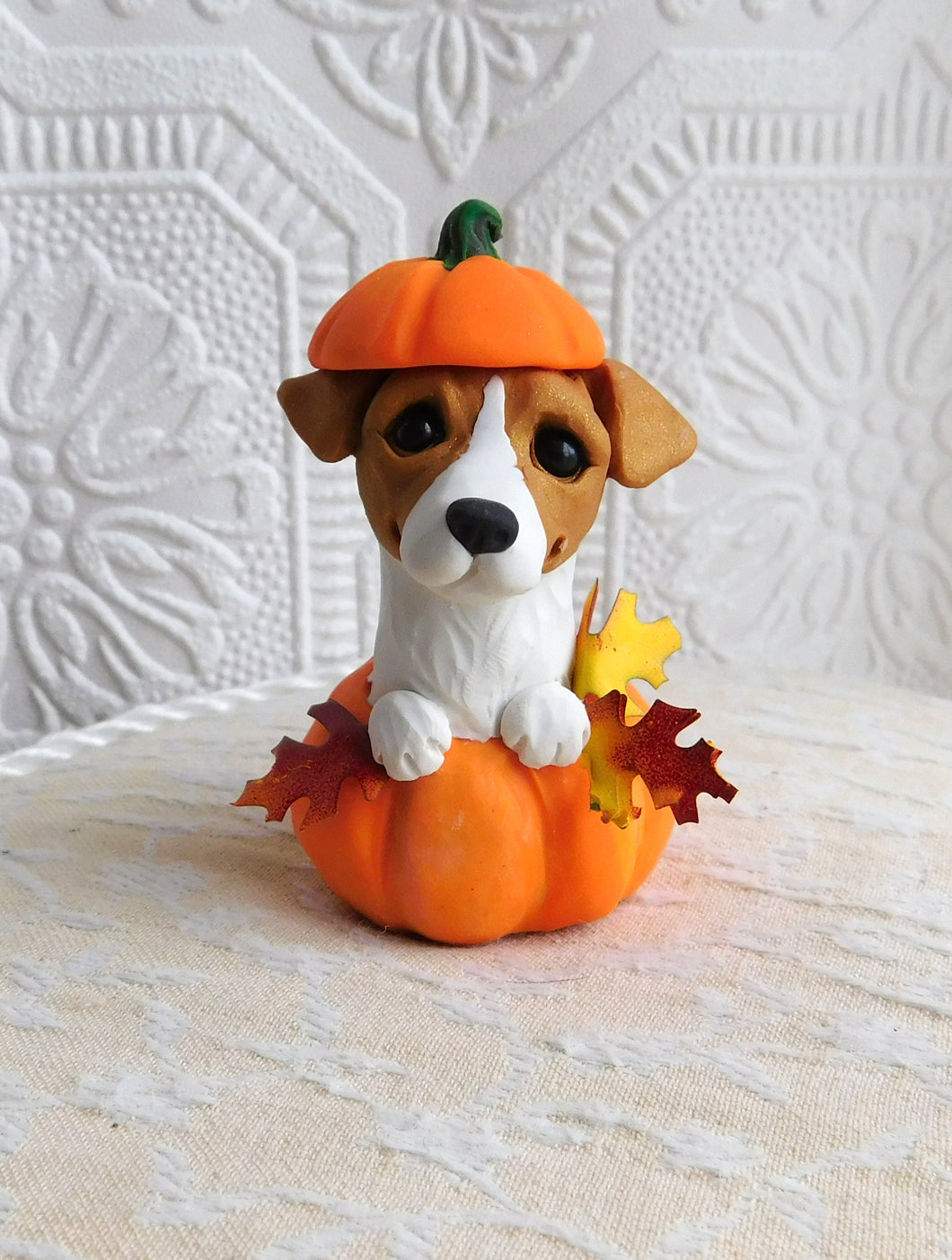 Jack Russell Terrier in Pumpkin Autumn Sculpture hand sculpted Collectible