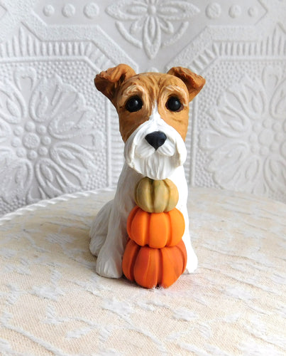 Wire Haired Fox Terrier with Pumpkin trio hand sculpted Collectible