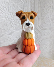 Load image into Gallery viewer, Wire Haired Fox Terrier with Pumpkin trio hand sculpted Collectible