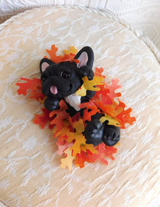 Black Frenchie Rolling in Leaves Autumn Sculpture hand sculpted Collectible