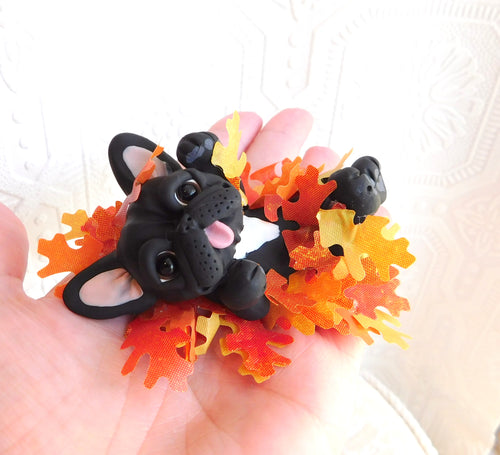 Black Frenchie Rolling in Leaves Autumn Sculpture hand sculpted Collectible