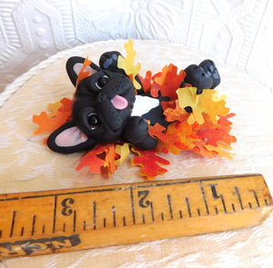 Black Frenchie Rolling in Leaves Autumn Sculpture hand sculpted Collectible