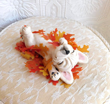 Load image into Gallery viewer, Frenchie Rolling in Leaves Autumn Sculpture hand sculpted Collectible