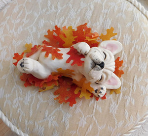 Frenchie Rolling in Leaves Autumn Sculpture hand sculpted Collectible