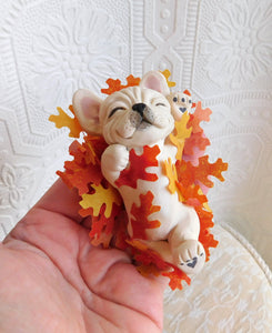 Frenchie Rolling in Leaves Autumn Sculpture hand sculpted Collectible
