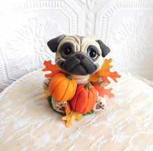 Load image into Gallery viewer, Autumn Pug with Pumpkins &amp; Leaves Hand Sculpted Collectible