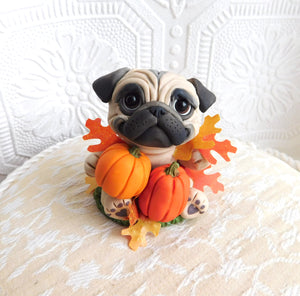 Autumn Pug with Pumpkins & Leaves Hand Sculpted Collectible