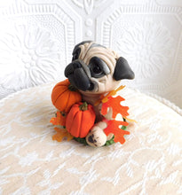 Load image into Gallery viewer, Autumn Pug with Pumpkins &amp; Leaves Hand Sculpted Collectible