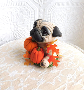 Autumn Pug with Pumpkins & Leaves Hand Sculpted Collectible