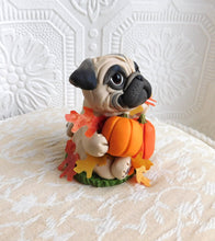 Load image into Gallery viewer, Autumn Pug with Pumpkins &amp; Leaves Hand Sculpted Collectible