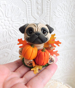 Autumn Pug with Pumpkins & Leaves Hand Sculpted Collectible