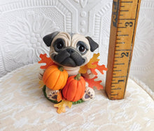 Load image into Gallery viewer, Autumn Pug with Pumpkins &amp; Leaves Hand Sculpted Collectible