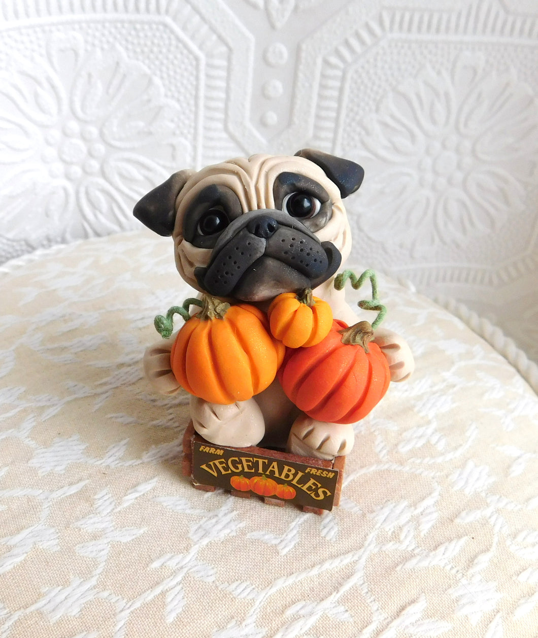 Autumn Pug with Pumpkins in Crate Hand Sculpted Collectible