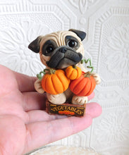 Load image into Gallery viewer, Autumn Pug with Pumpkins in Crate Hand Sculpted Collectible