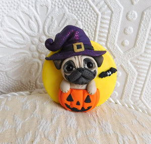 Pug Witch & Moon Brooch/Pin  Clay Sculpted Jewelry